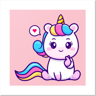Cute Unicorn With Love Sign Hand Cartoon Posters and Art